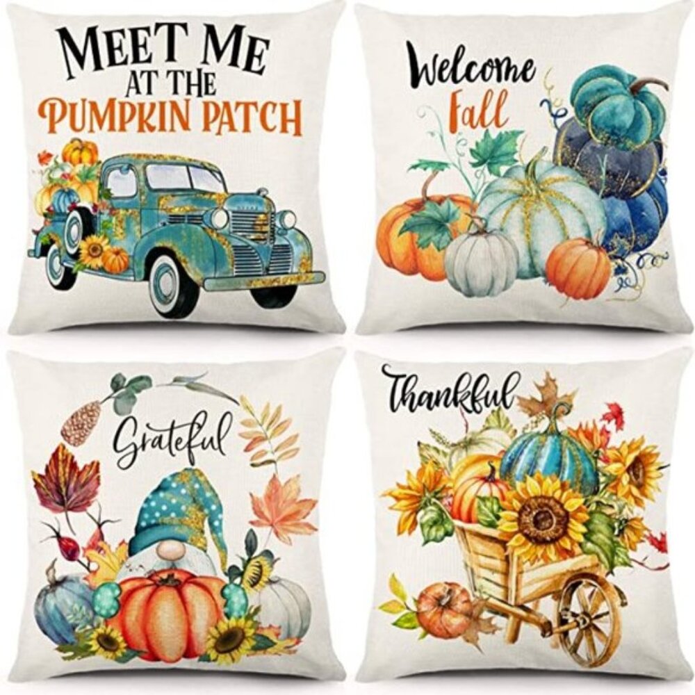 Decorative Farmhouse Fall Pillow Covers | Set of 4 | 18"x18" Cotton-Linen Blend